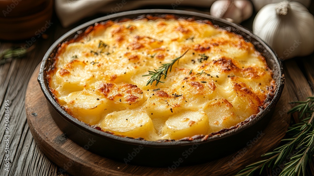 Potato gratin baked with cream and cheese on wooden table Potato gratin baked with cream and cheese on wooden table