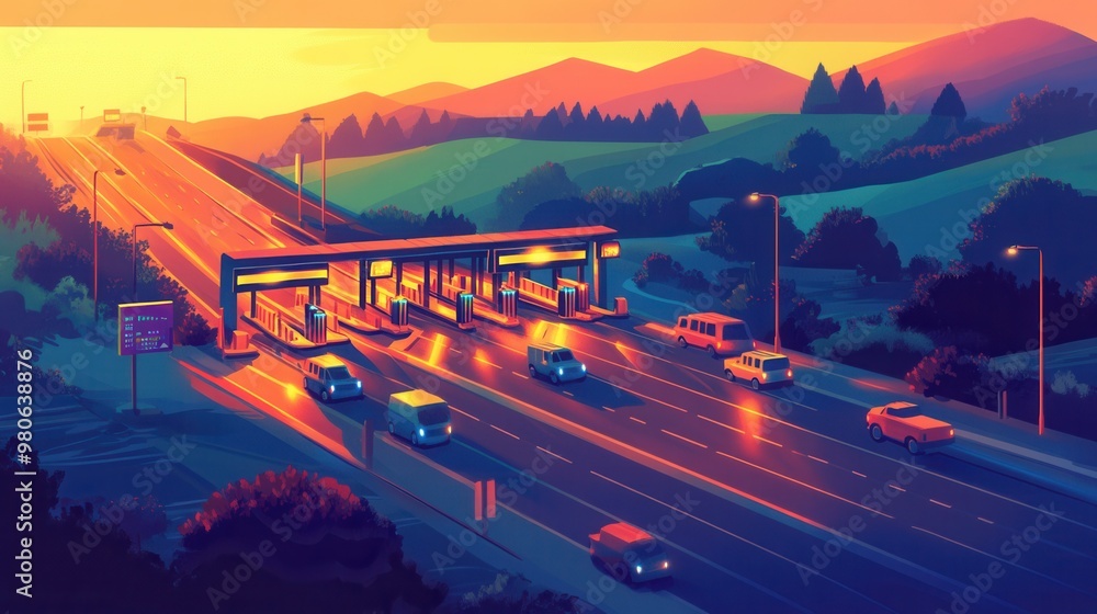 Sunset View of Highway Toll Booth with Scenic Landscape