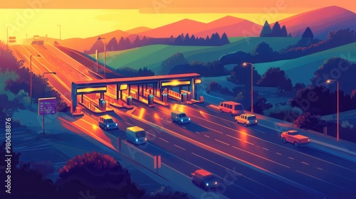 Obraz na płótnie Sunset View of Highway Toll Booth with Scenic Landscape w salonie