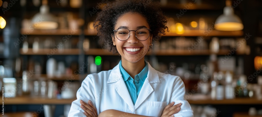 Obraz premium Confident Young Medical Professional Smiling Black Woman in Lab Coat Stands in a Modern Pharmacy.