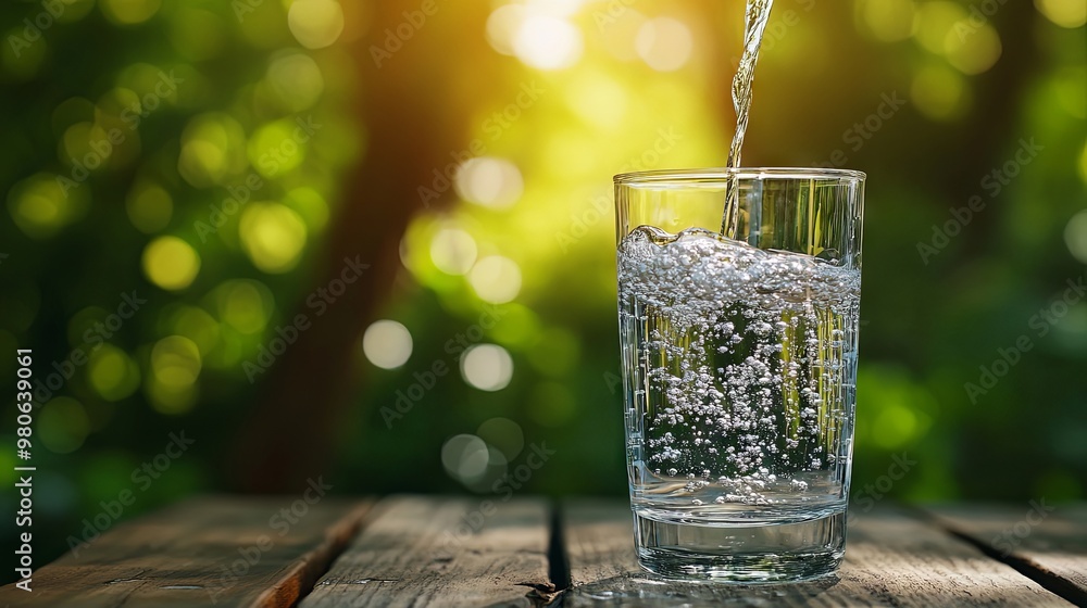 Pouring water into glass on wooden table and outdoors and green background Pouring water into glass on wooden table and outdoors and green background