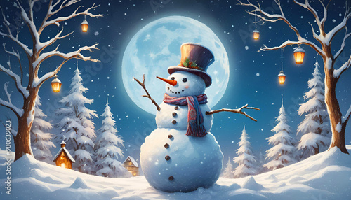 A lonely snowman, although he is a cheerful symbol of Christmas and New Year, is desperately looking for his beloved. Festive winter night. An atmosphere of expectation of a miracle. Hand-drawn.