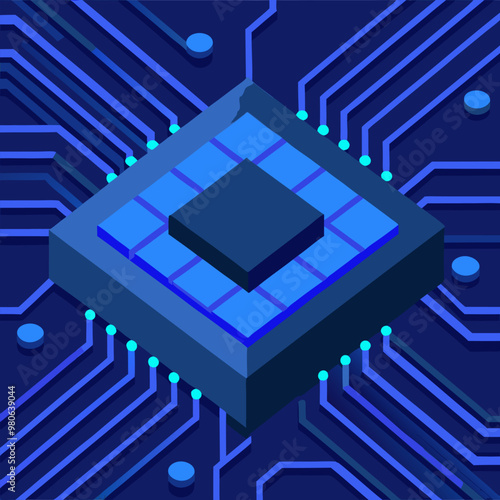 vector illustration features a detailed and stylized depiction of a microchip or central processing unit (CPU) on a circuit board