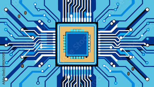 vector illustration features a detailed and stylized depiction of a microchip or central processing unit (CPU) on a circuit board