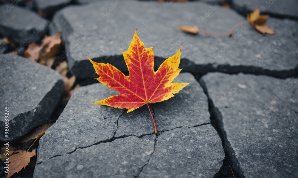 Single red and yellow leaf resting on a stone path Single red and yellow leaf resting on a stone path