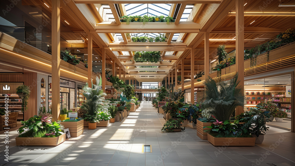 Interior shopping mall with wooden elements. and below is one floor full of various stores selling products. Green plants adorn some walls, ceiling features skylights and wood beams. Generative AI. Interior shopping mall with wooden elements. and below is one floor full of various stores selling products. Green plants adorn some walls, ceiling features skylights and wood beams. Generative AI.