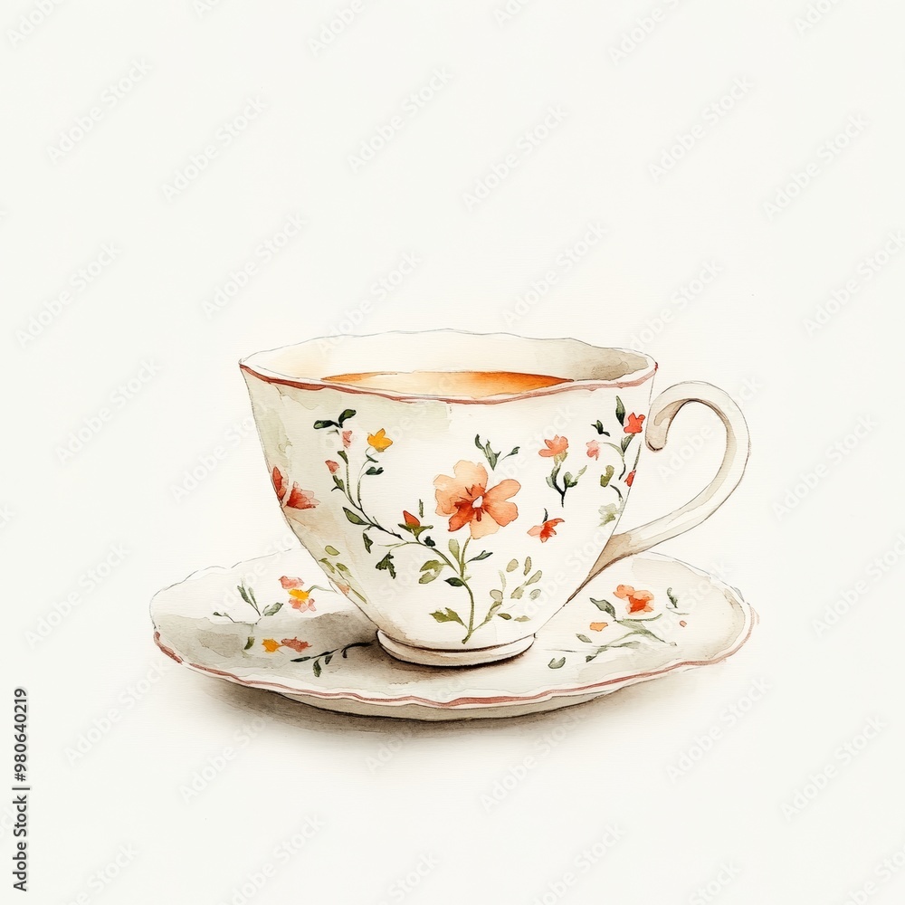 custom made wallpaper toronto digitalA soft watercolor illustration features a pastel teacup adorned with delicate floral patterns, creating a serene and elegant ambiance suitable for decor