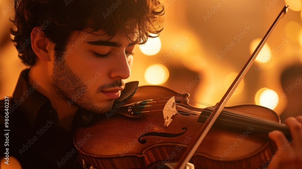 Fototapeta premium A violinist playing passionately during an orchestral performance, eyes closed, immersed in the music.