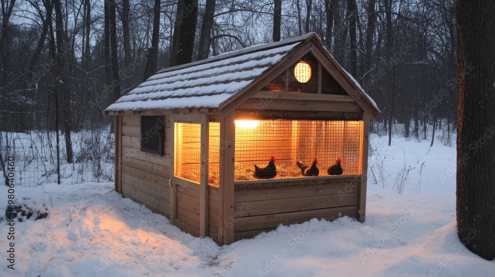 A well-built chicken coop designed for winter, with insulation and a heat lamp to keep the hens warm.