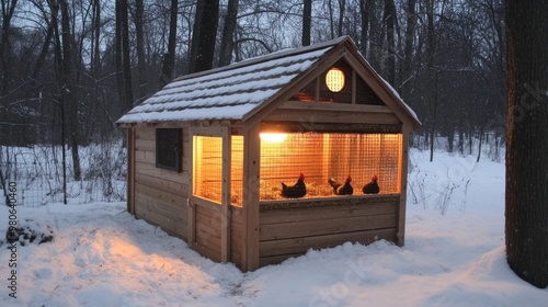 Obraz na płótnie A well-built chicken coop designed for winter, with insulation and a heat lamp to keep the hens warm. w salonie
