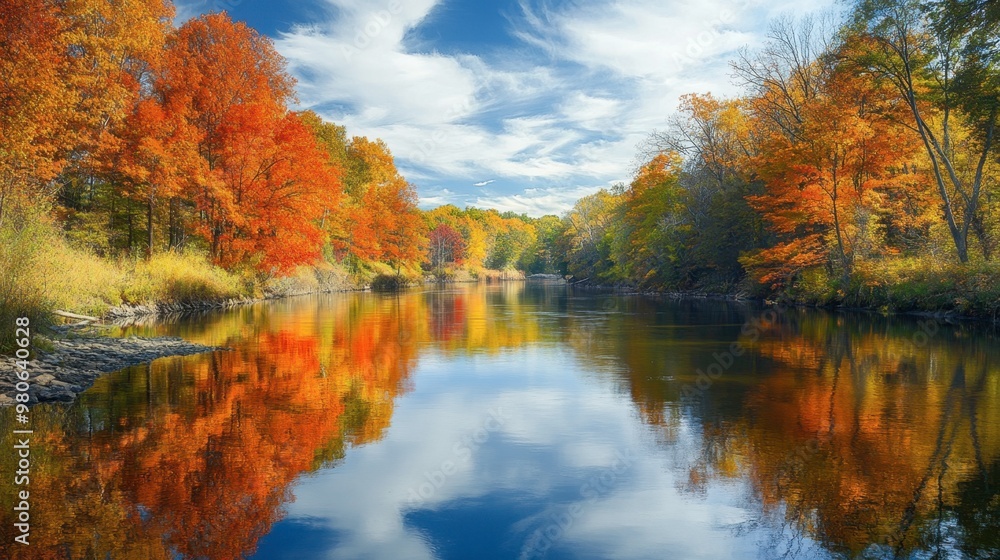 A wide, slow-moving river reflecting the vibrant colors of autumn trees lining both banks on a crisp day. A wide, slow-moving river reflecting the vibrant colors of autumn trees lining both banks on a crisp day.