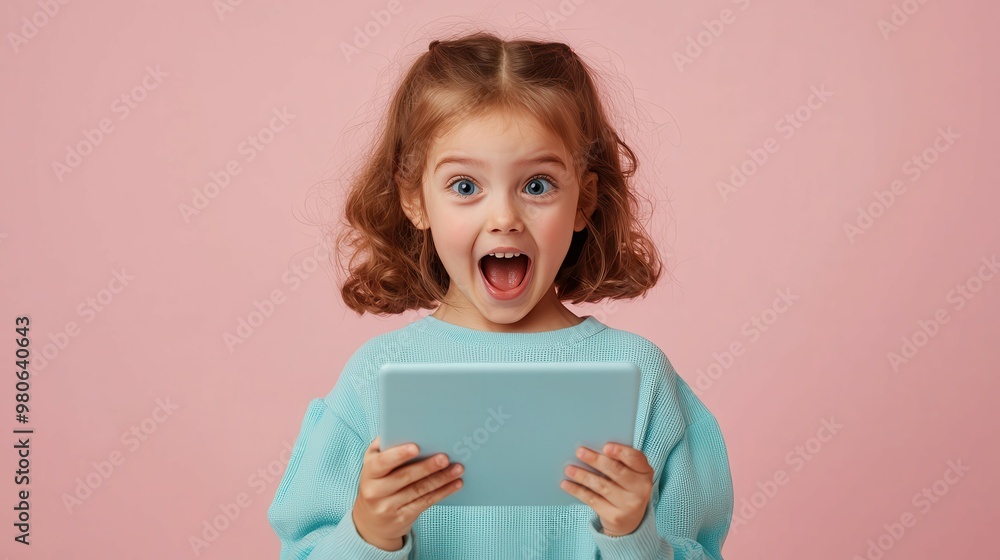 A child with a joyful expression after completing a quiz on a colorful tablet A child with a joyful expression after completing a quiz on a colorful tablet