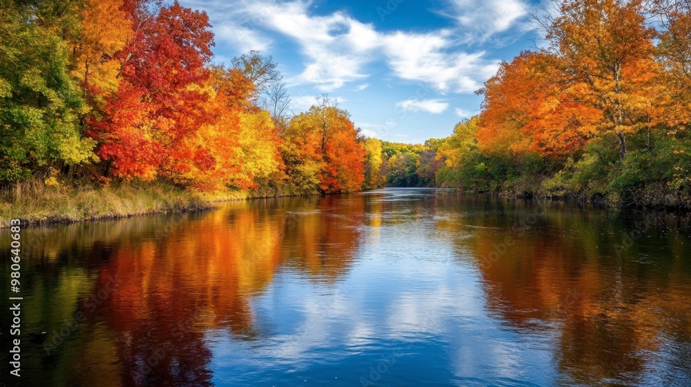A wide, slow-moving river reflecting the vibrant colors of autumn trees lining both banks on a crisp day. A wide, slow-moving river reflecting the vibrant colors of autumn trees lining both banks on a crisp day.
