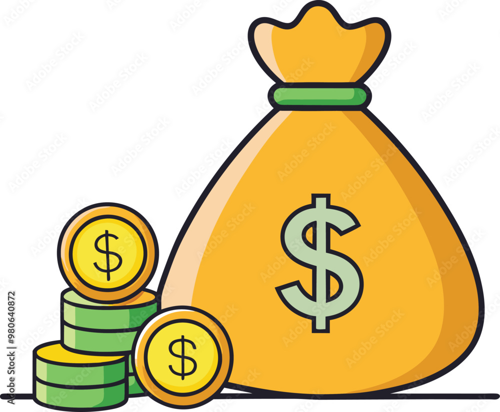 Money bag, dollar coins in flat vector art illustration. Money bag, dollar coins in flat vector art illustration.