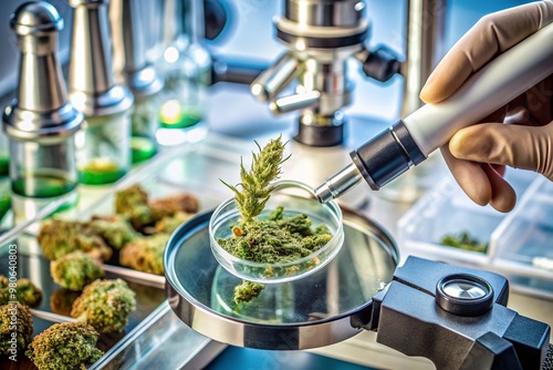 Macro view of a cannabis bud under magnifying glass on a laboratory counter, surrounded by petri dishes, microscopes, and other scientific equipment for research analysis. photo