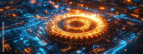 Glowing Gear in Futuristic Digital Landscape