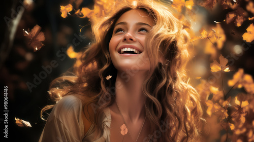 Smiling woman among autumn leaves