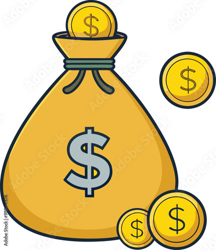 Money bag, dollar coins in flat vector art illustration.