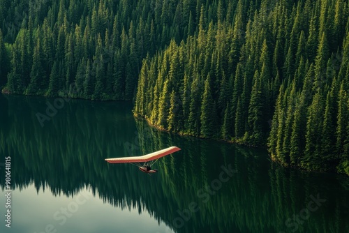 A hang glider soars over a serene lake surrounded by lush green forests. photo