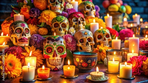 a close up of a table with candles and skulls Generative ai 