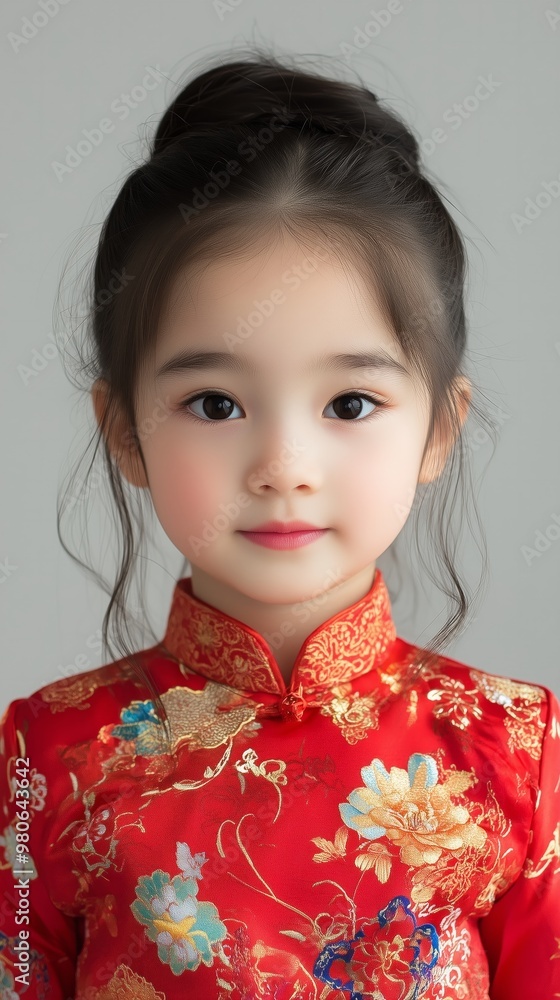 Cute little Asian girl on grey background. Chinese New Year celebration