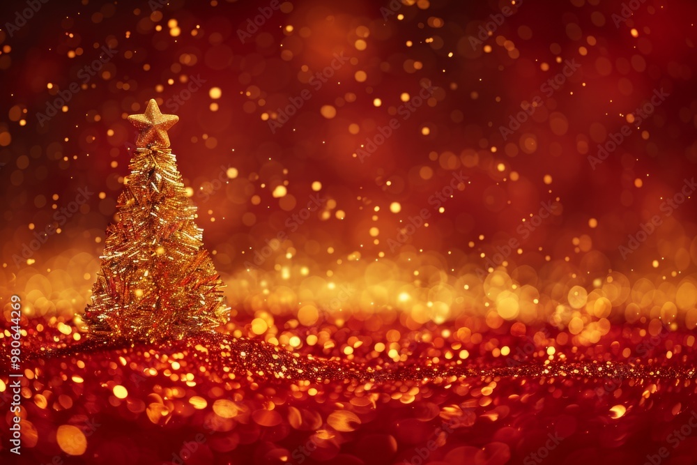 The golden Christmas tree shines brightly against a red backdrop, creating a festive and elegant atmosphere with a touch of glamour. It exudes warmth and holiday cheer, perfect for seasonal decor The golden Christmas tree shines brightly against a red backdrop, creating a festive and elegant atmosphere with a touch of glamour. It exudes warmth and holiday cheer, perfect for seasonal decor