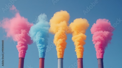 1. Smokestacks releasing vibrant colored smoke into clear skies, symbolizing pollution and environmental awareness photo