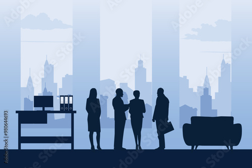 Busy work scene in the office with a city silhouette in the background. Vector illustration poster design template