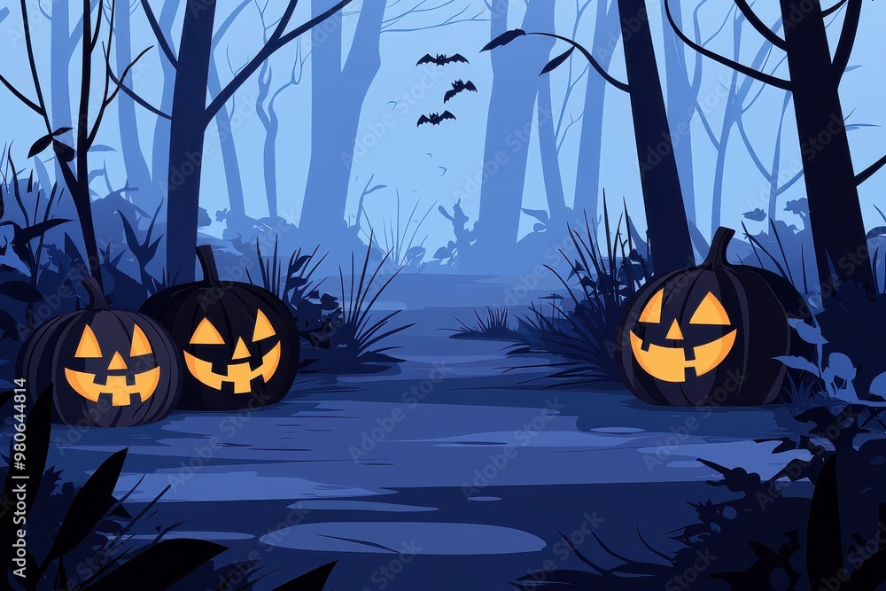 Spooky Halloween scene with pumpkins in a dark forest Spooky Halloween scene with pumpkins in a dark forest