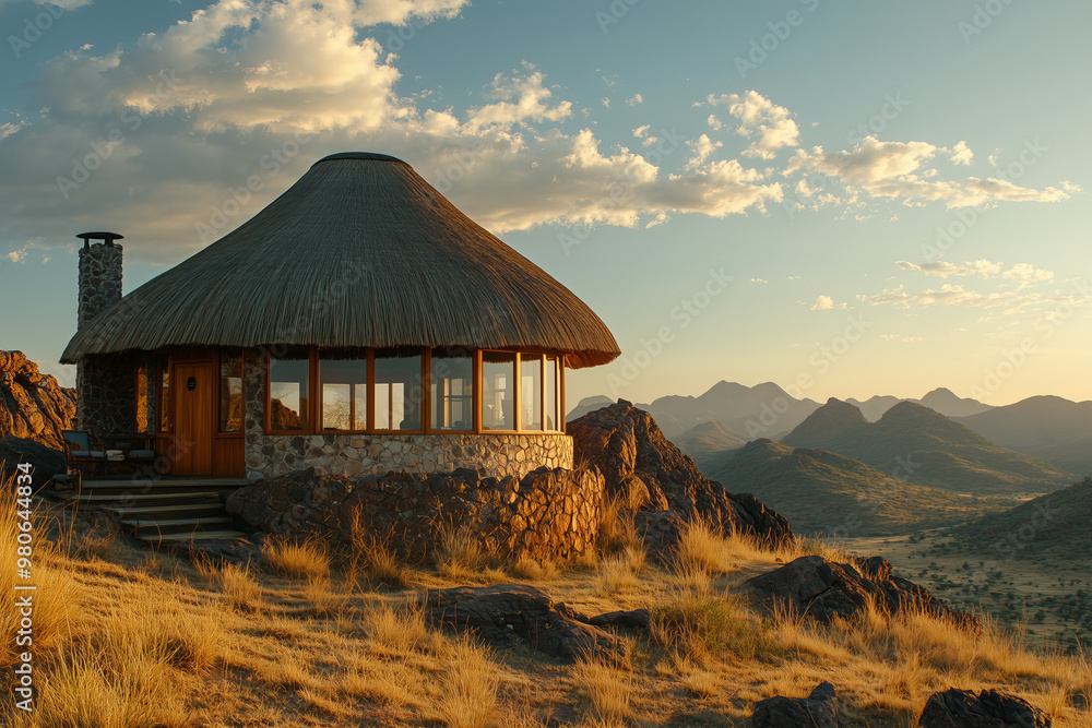 Scenic African Hut at Sunset in a Rocky Mountain Landscape, Capturing the Beauty of Traditional Architecture and Natural Wilderness in Golden Hour Light Scenic African Hut at Sunset in a Rocky Mountain Landscape, Capturing the Beauty of Traditional Architecture and Natural Wilderness in Golden Hour Light