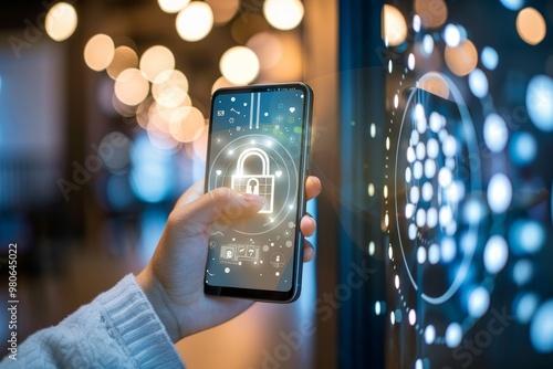 Hand holding a smartphone with a lock icon on the screen, symbolizing mobile security, data protection, and digital privacy in a connected world. photo