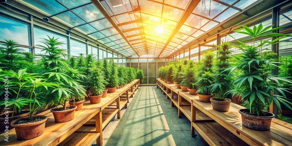 Vibrant green cannabis plants surround a serene, sun-drenched greenhouse interior with modern wooden shelves, natural stone floor, and soft, filtered light. Vibrant green cannabis plants surround a serene, sun-drenched greenhouse interior with modern wooden shelves, natural stone floor, and soft, filtered light.