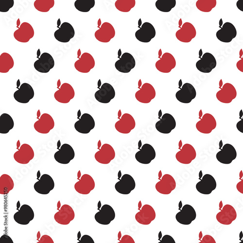 Black and Red Apple Abundance Seamless Pattern. Perfect for seasonal decor, textiles, packaging, any project that calls for a touch of nature's bounty and a celebration of the apple harvest.