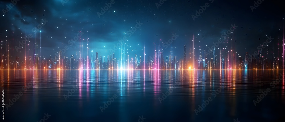 Vibrant light waves reflect on calm water in a serene digital landscape showcasing colors and creativity. Vibrant light waves reflect on calm water in a serene digital landscape showcasing colors and creativity.