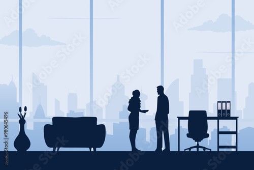 Office scene of people working with silhouette background. Vector illustration poster design template