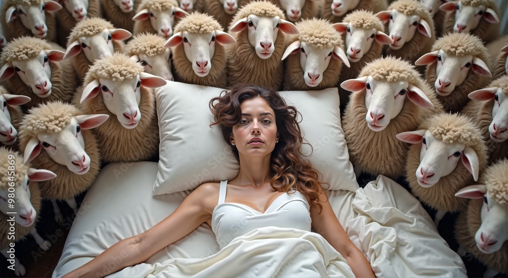Obraz premium A woman in bed surrounded by sheep, symbolizing sleepless nights and mental exhaustion.
