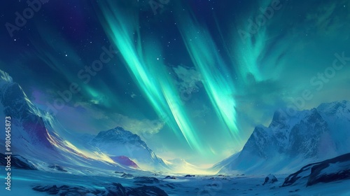 The Aurora Borealis dancing across the sky above a frosty wilderness, with distant mountains and snow-covered terrain in the foreground.