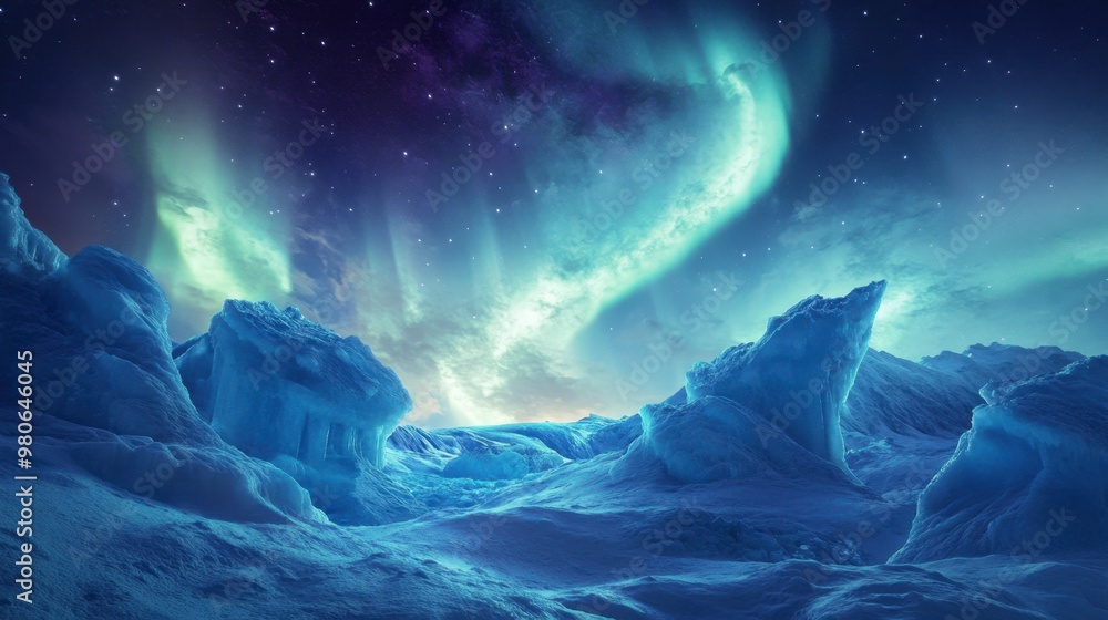 Fototapeta premium The Northern Lights arching over a glacier, with ice formations and a starry sky creating a breathtaking, wintry scene.