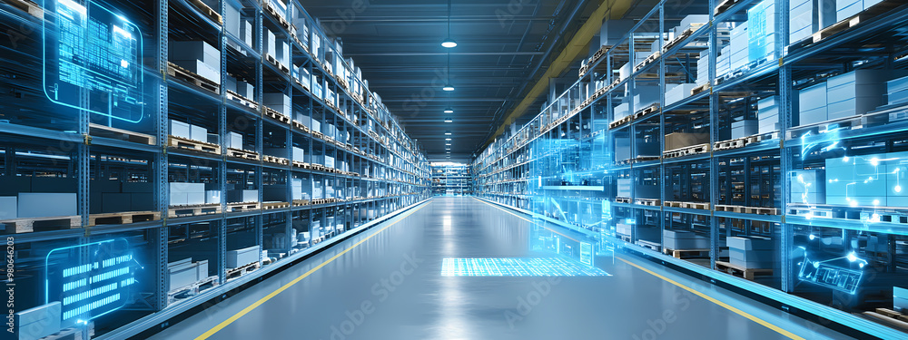 High-Tech Warehouse Hallway with Automated Shelves High-Tech Warehouse Hallway with Automated Shelves
