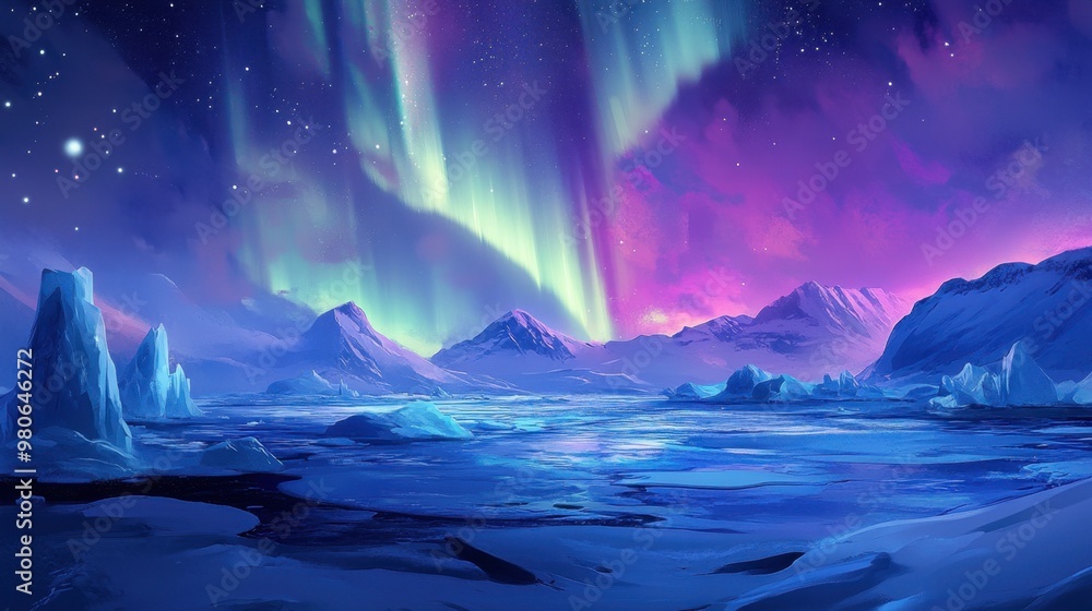 Naklejka premium The Northern Lights casting a magical glow over a frozen bay, with ice floes and a serene, snowy shoreline.