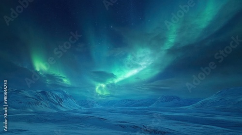 The Northern Lights casting a magical glow over a frozen tundra, with snow-covered hills and a clear night sky.