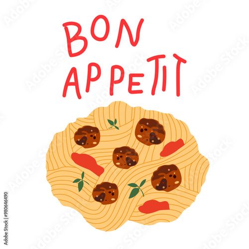 National Noodle and pasta day. Italian food poster. Pasta with tomato sauce and meatballs. Modern vector flat Italian noodles and macaroni poster. Retro pasta background. Bon appetite inscription