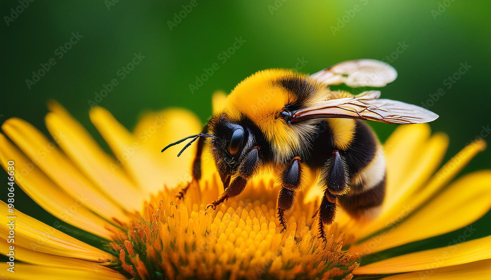 Close up macro photo of the bumble bee collecting nectar and pollinating a yellow flower with a green background Close up macro photo of the bumble bee collecting nectar and pollinating a yellow flower with a green background