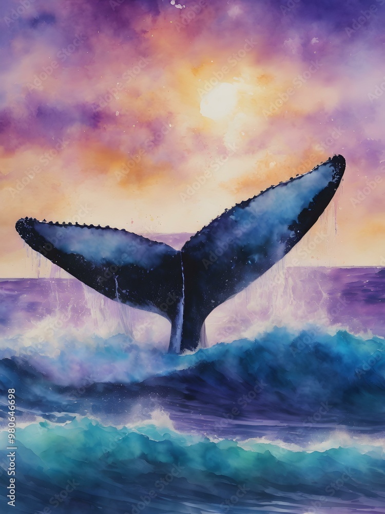 Fototapeta premium Whale tail emerging from watercolor waves with shades of blue and purple