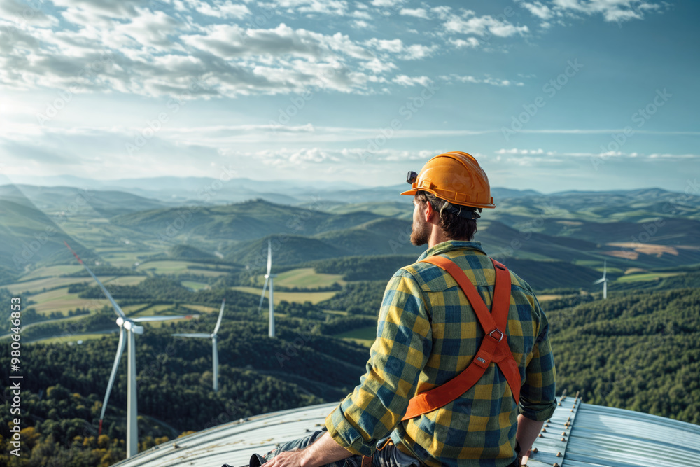 Wind turbine engineer sitting on top of wind turbine gondola taking a break looking at view Wind turbine engineer sitting on top of wind turbine gondola taking a break looking at view
