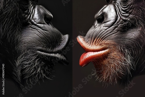 Side profile of two chimpanzees with expressive lips, highlighting the unique personalities and facial features of these intelligent primates in a striking animal portrait. photo