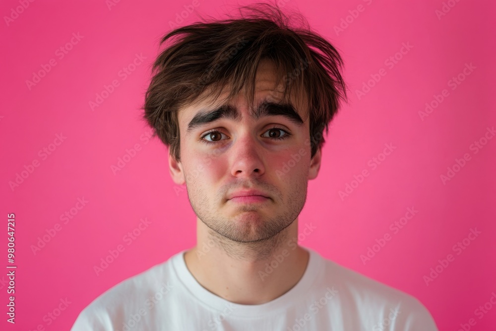 Fototapeta premium Young Man with a Worried Expression on Pink