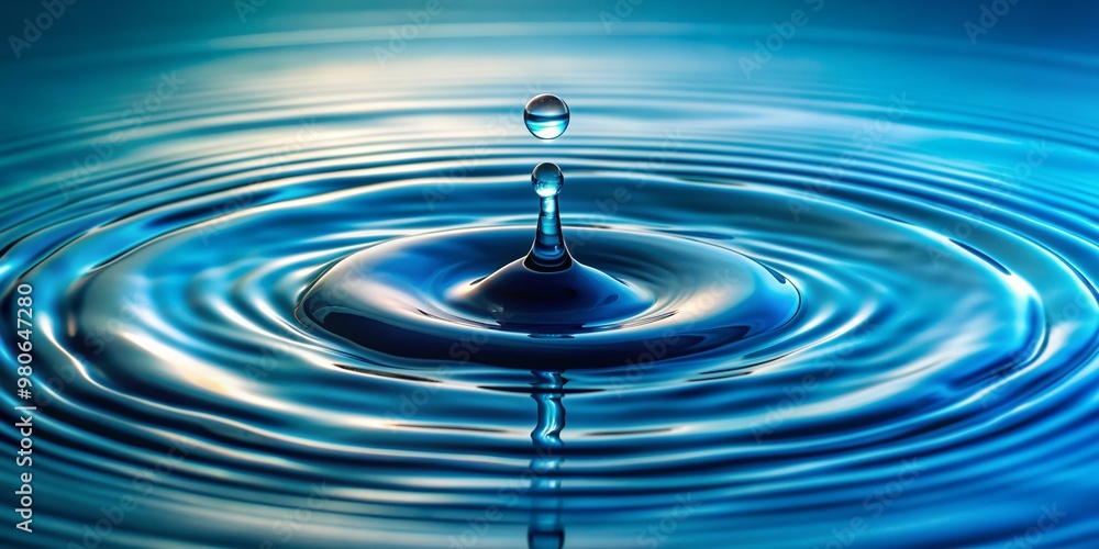 A solitary water droplet splashes into still blue water, producing a tranquil circular ripple, echoing perfect harmony within the reflective liquid's calming atmosphere. A solitary water droplet splashes into still blue water, producing a tranquil circular ripple, echoing perfect harmony within the reflective liquid's calming atmosphere.