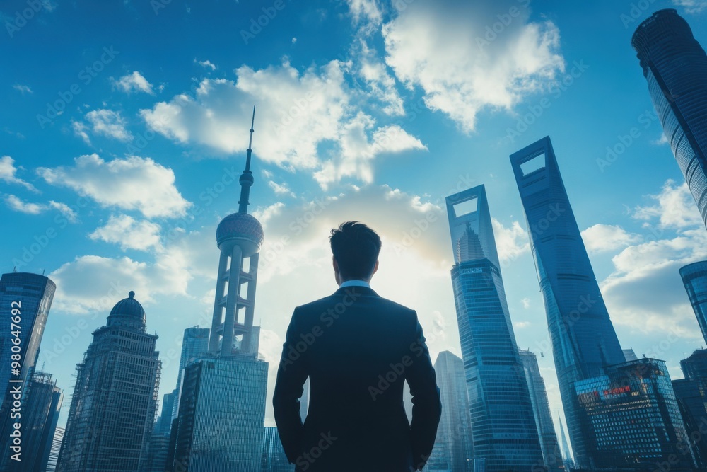 Businessman Overlooking Shanghai Skyline at Sunrise Businessman Overlooking Shanghai Skyline at Sunrise
