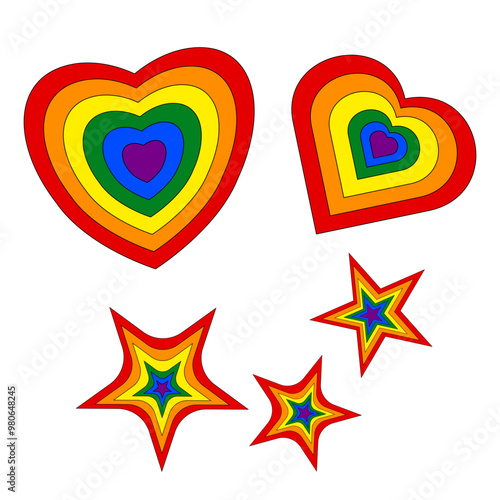 Vibrant rainbow hearts and stars symbolizing LGBTQ plus pride and love. Perfect for celebrating diversity and inclusivity.
